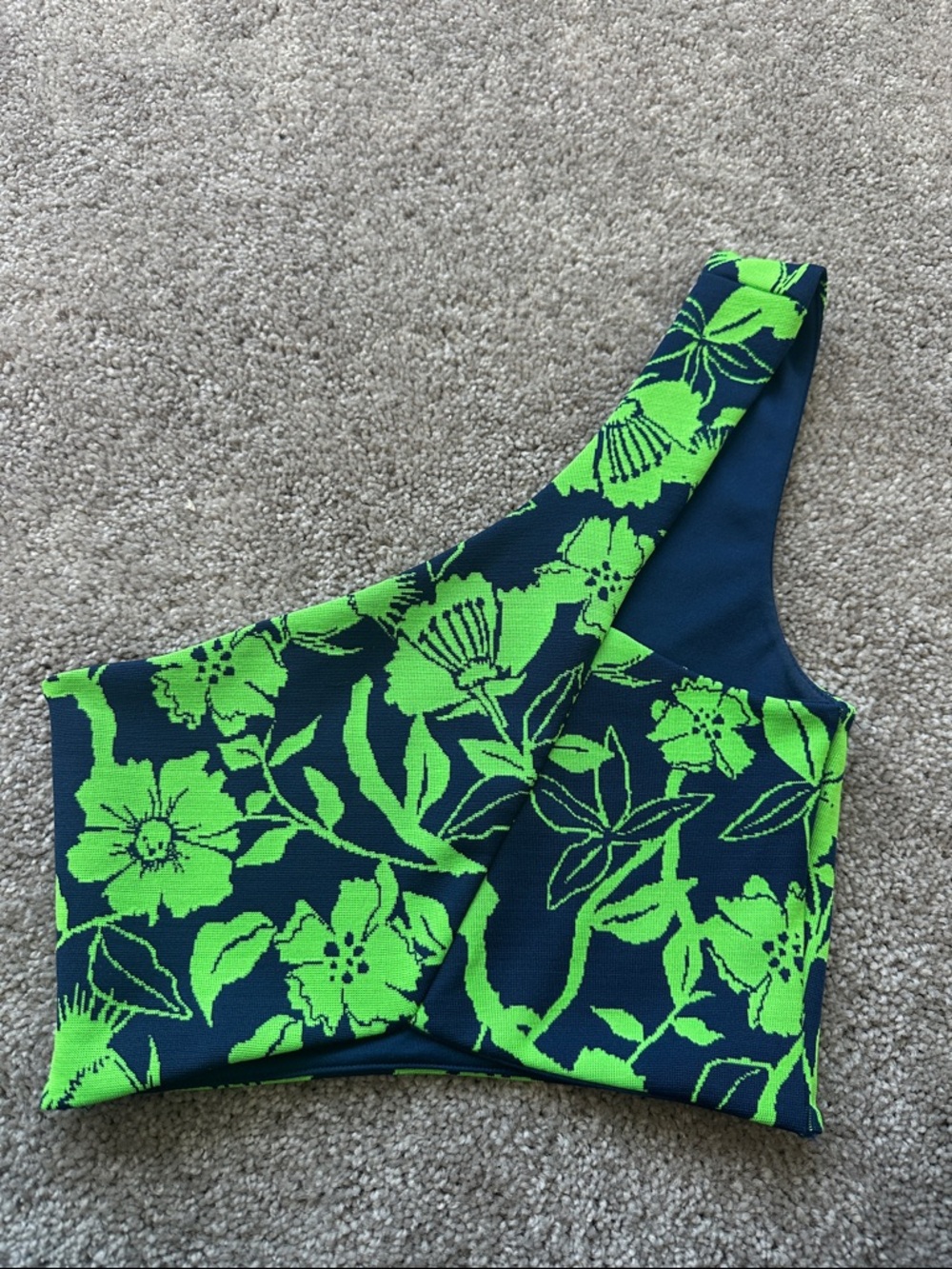 Zara Navy and Neon Green One-Shoulder Floral Crop Top